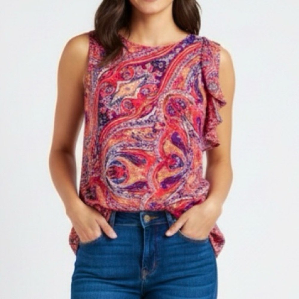 Dress Barn Pink Paisley Draped Layered Sleeveless Yabk Top S Boho Chic
